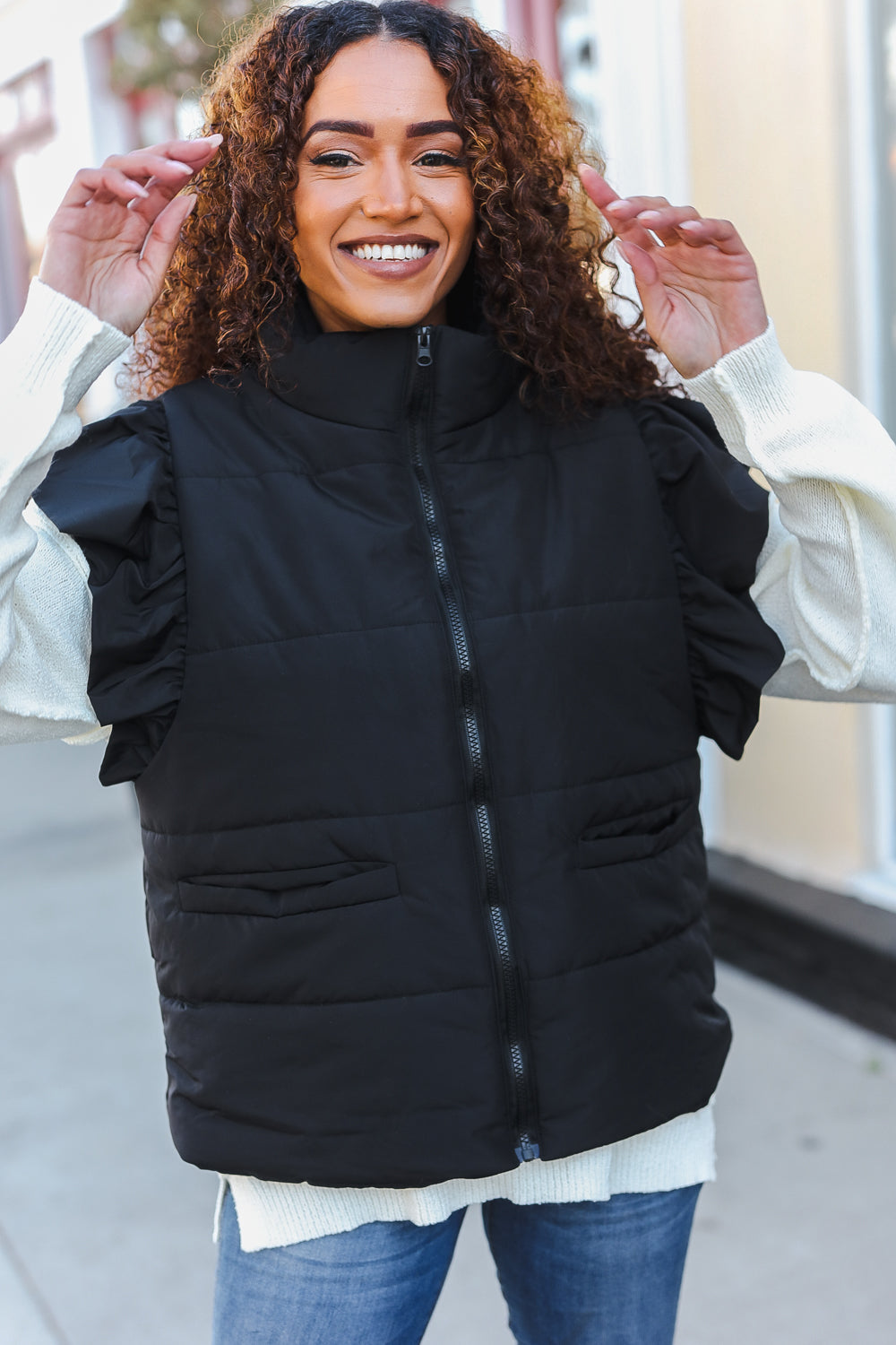 Feeling Festive Black Zipper Up Quilted Ruffle Sleeve Puffer Vest