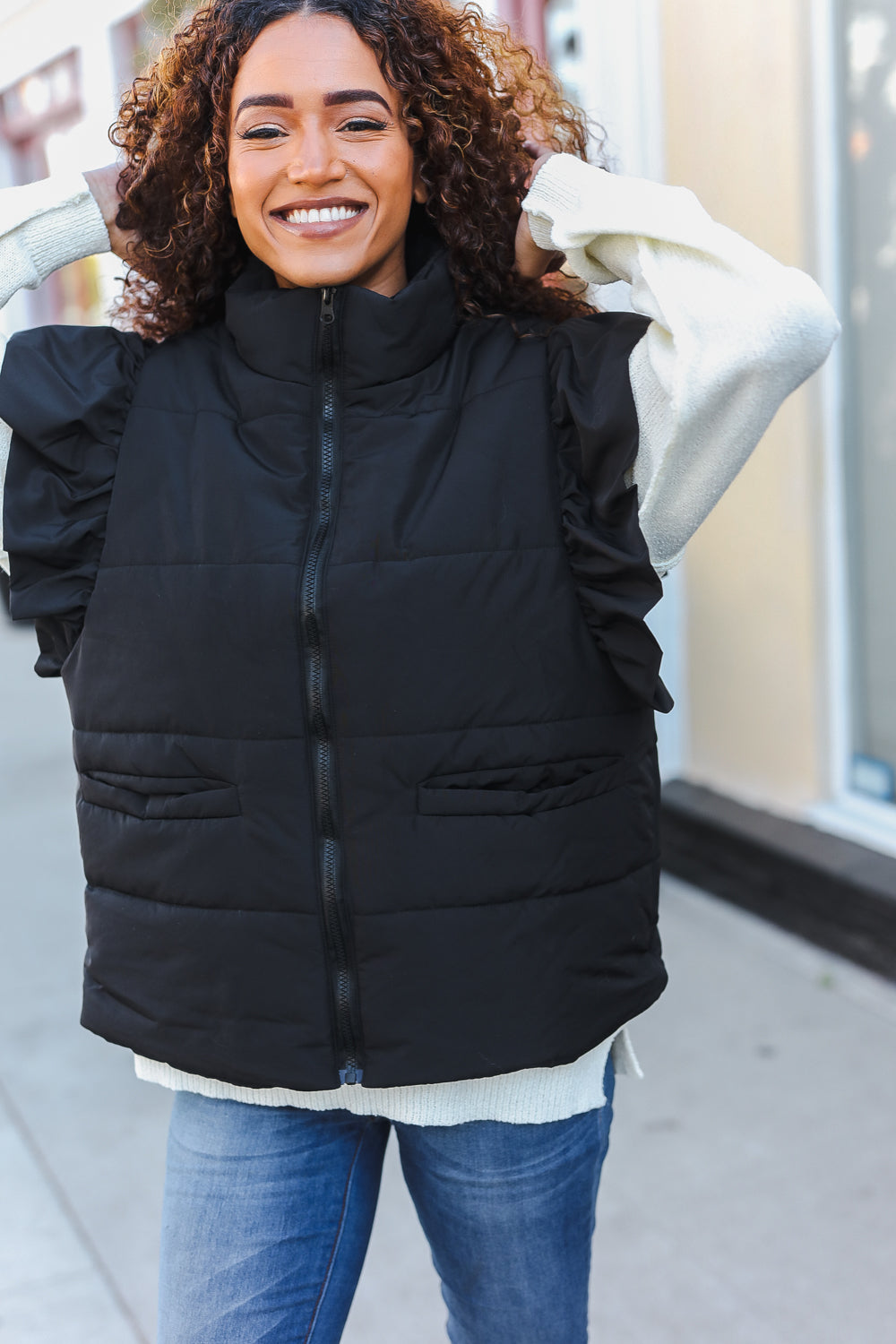 Feeling Festive Black Zipper Up Quilted Ruffle Sleeve Puffer Vest