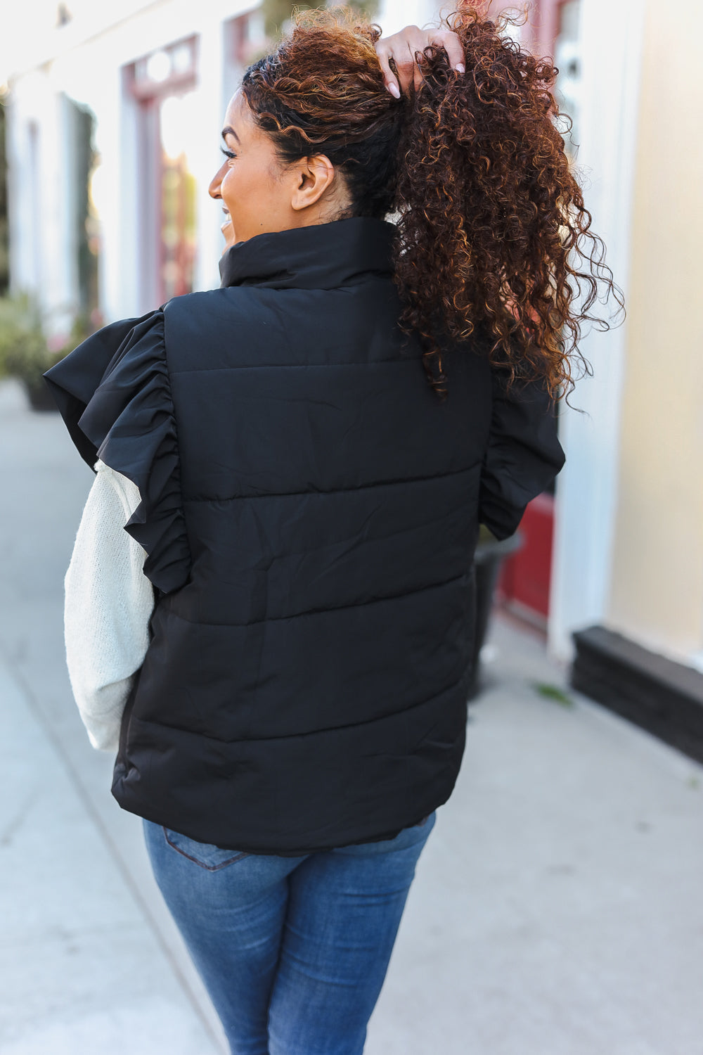 Feeling Festive Black Zipper Up Quilted Ruffle Sleeve Puffer Vest