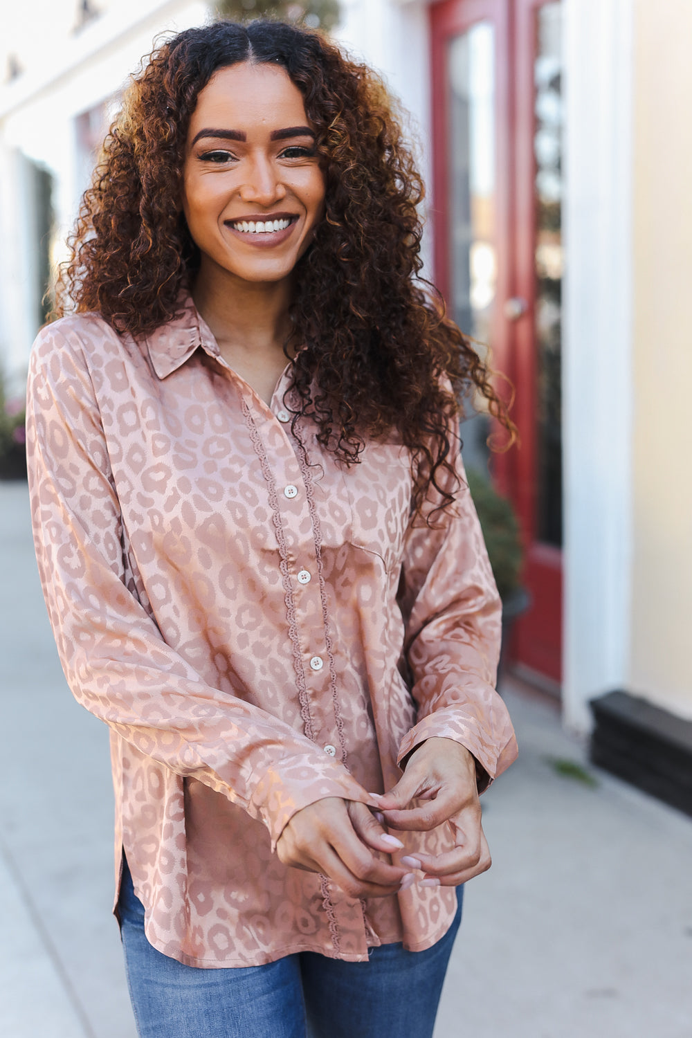 Diva Dreams Neude Animal Print Button Down Lace Shirt Top