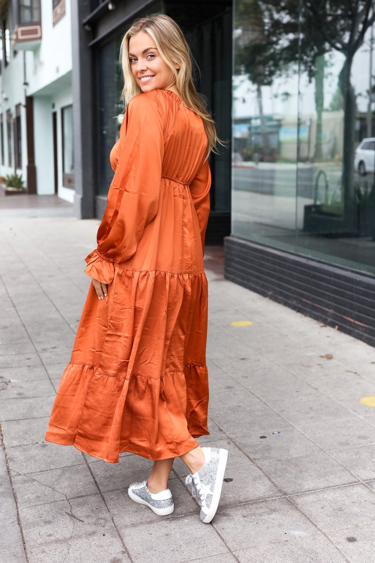 Elegant Rust Elastic V Neck Tiered Satin Maxi Dress