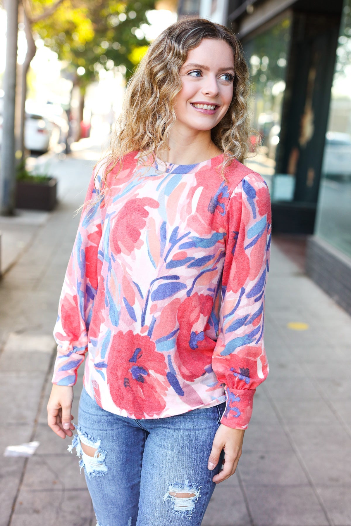 On My Heart Blush Floral Brushed Hacci Sweater Top