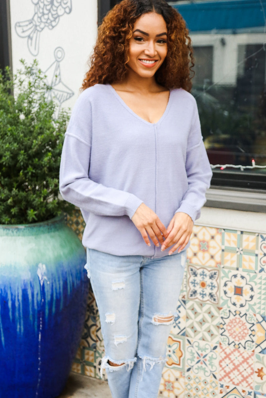 Feeling Femme Light Blue Brushed Knit V Neck Outseam Stitch Pullover