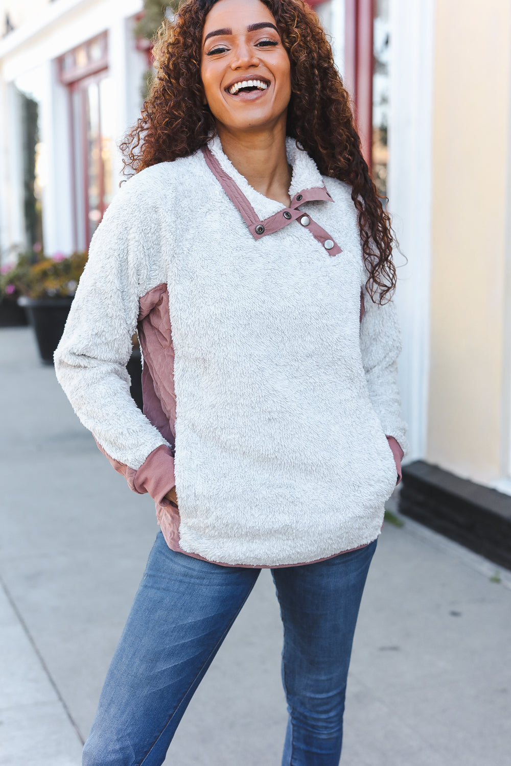 Beautiful You Ivory Sherpa Quilted Snap Button Pullover