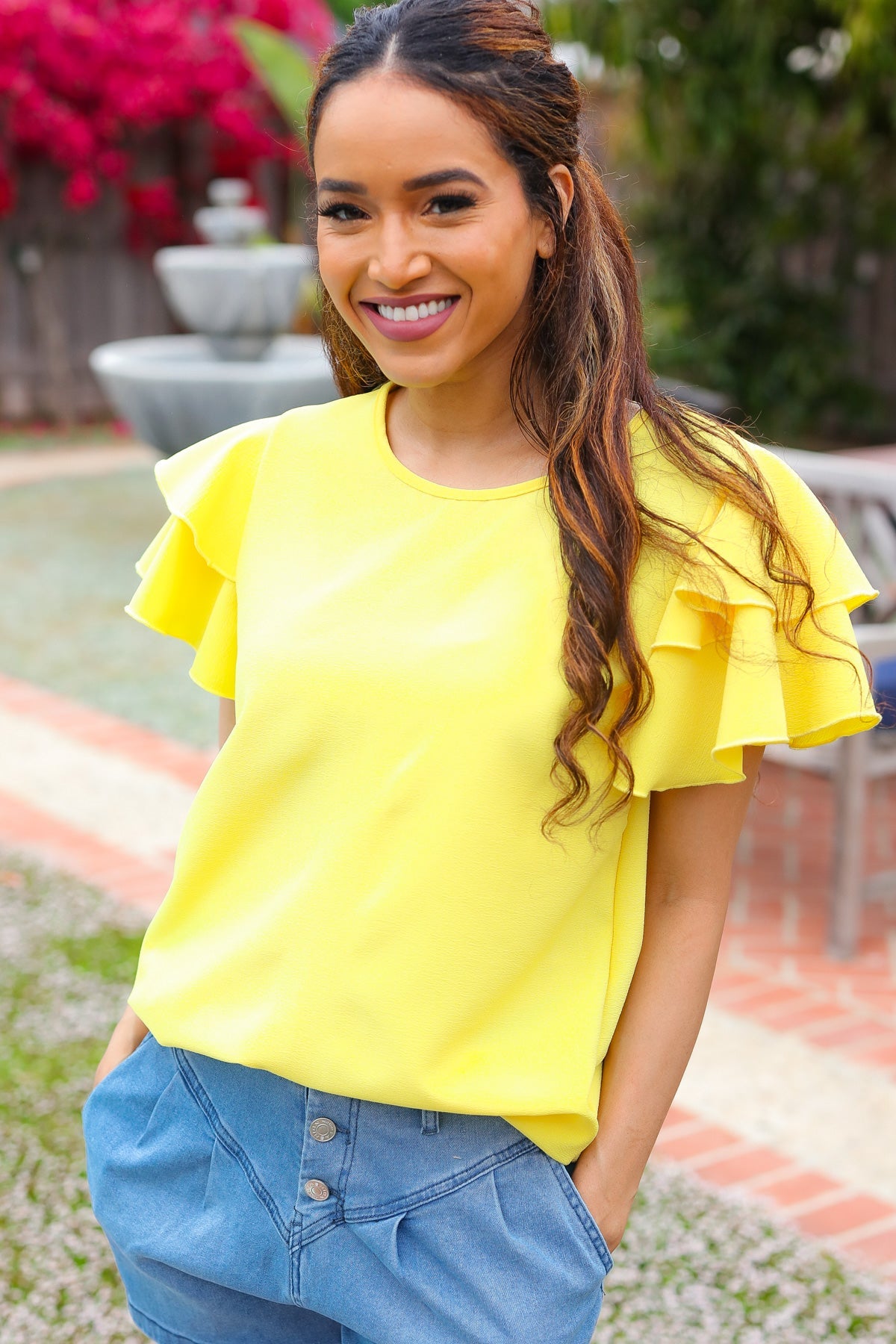 Lovely In Yellow Tiered Double Ruffle Sleeve Woven Top