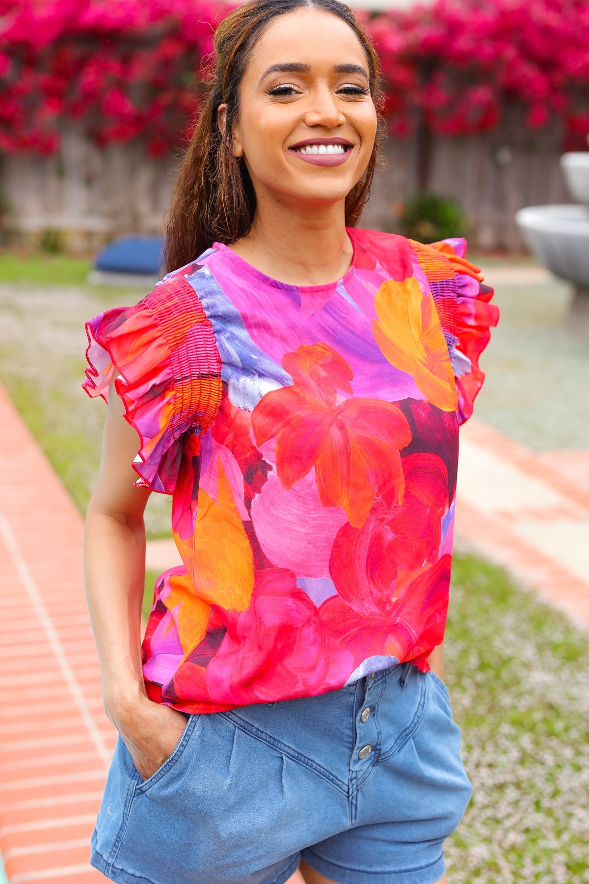 Look of Love Red & Fuchsia Floral Smocked Ruffle Frill Sleeve Top