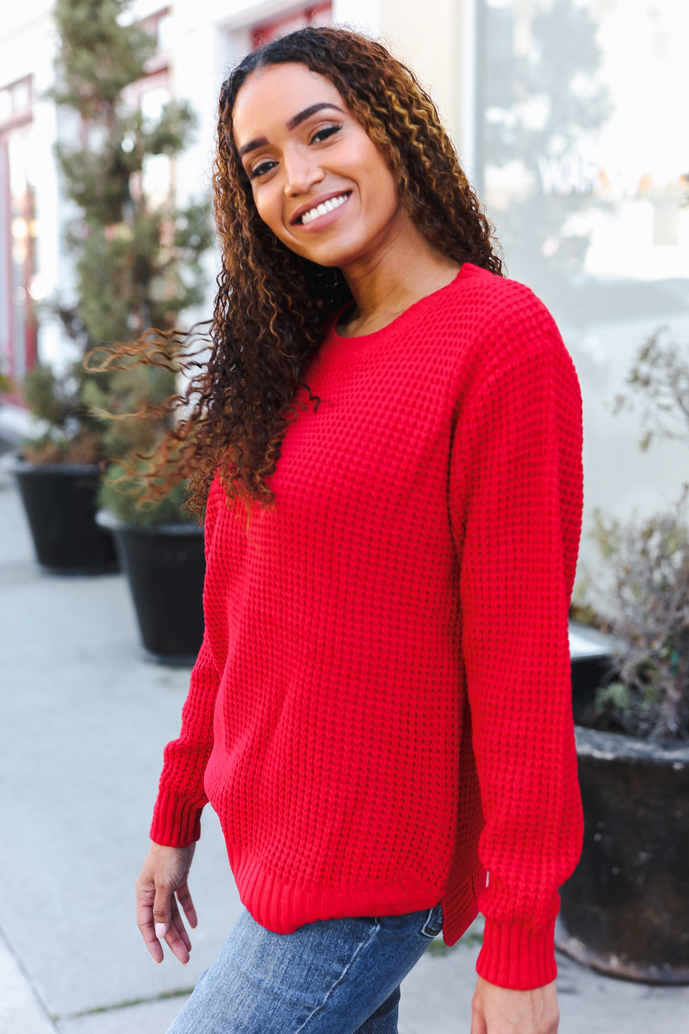 All Present Christmas Red Waffle Knit Hi-Low Sweater