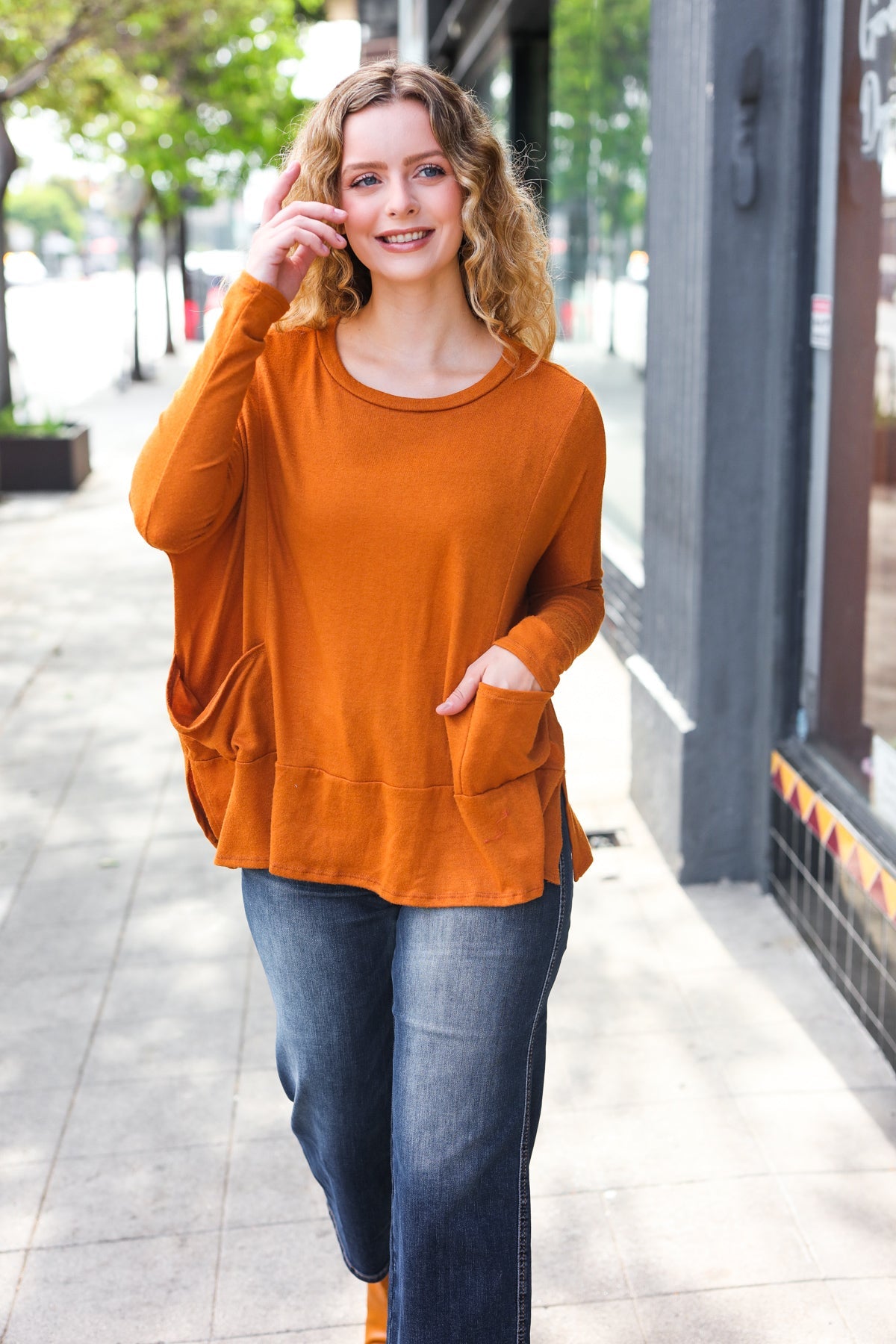 Rust Hacci Dolman Pocketed Sweater Top