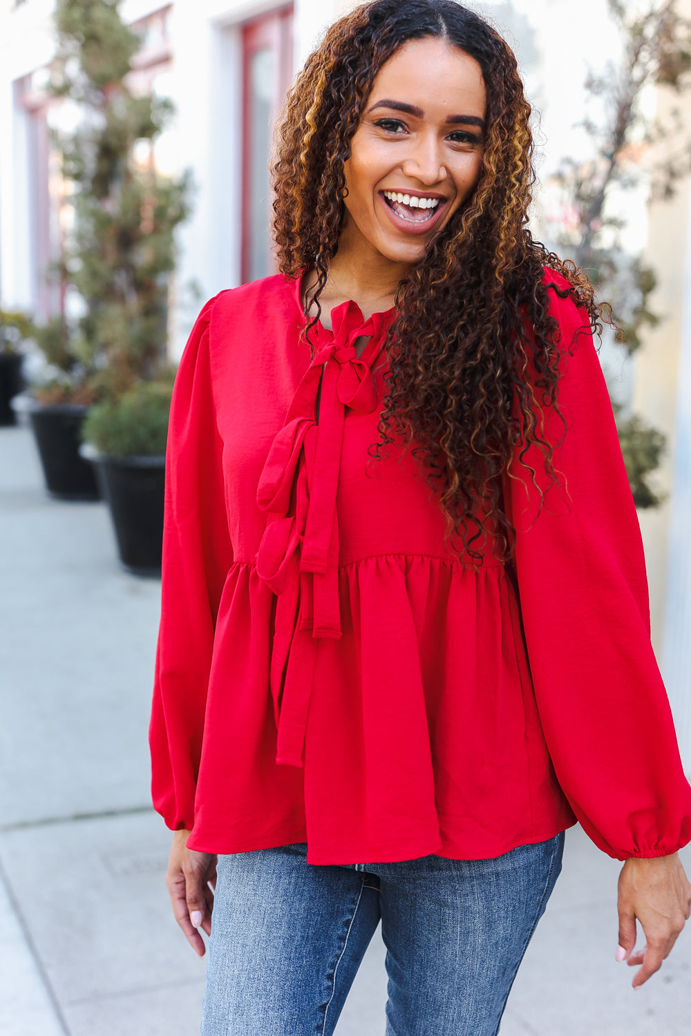 Embrace Joy Red Ribbon Bow Tie Babydoll Woven Top