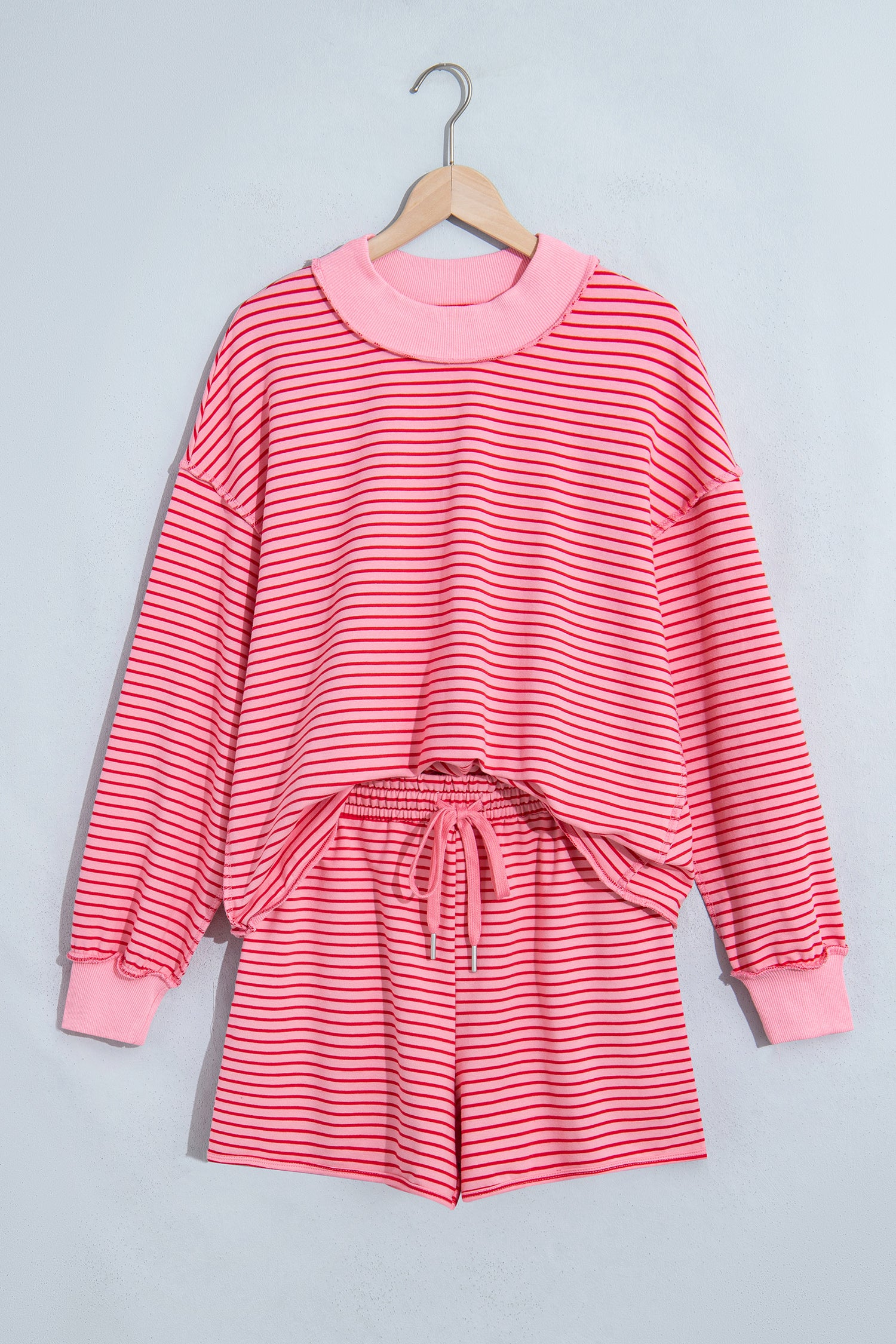 Blue Stripe Ribbed Patchwork Mock Neck Baggy Pullover Matching Shorts Set