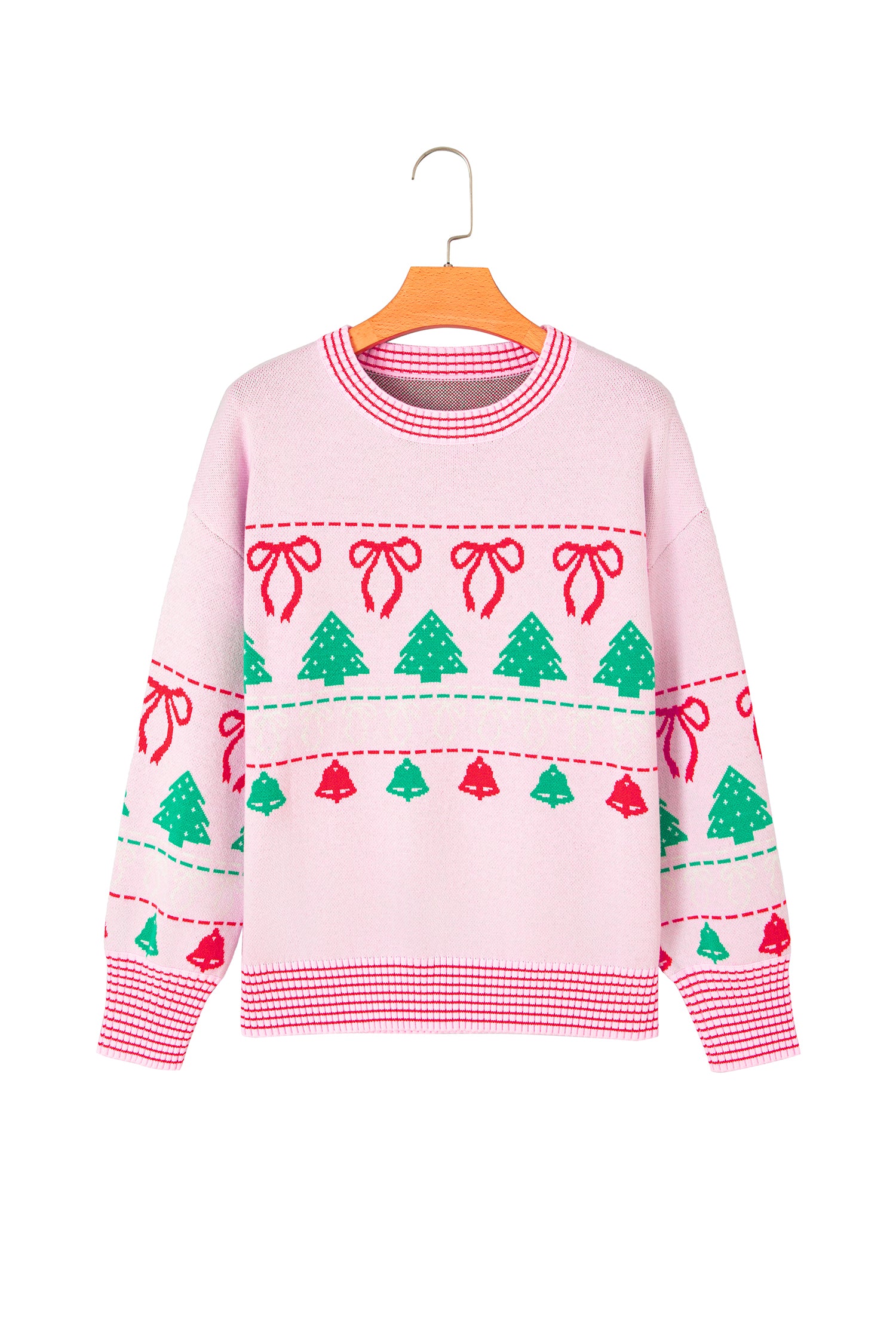 Pink Festive Holiday Print Round Neck Loose Tunic Sweater