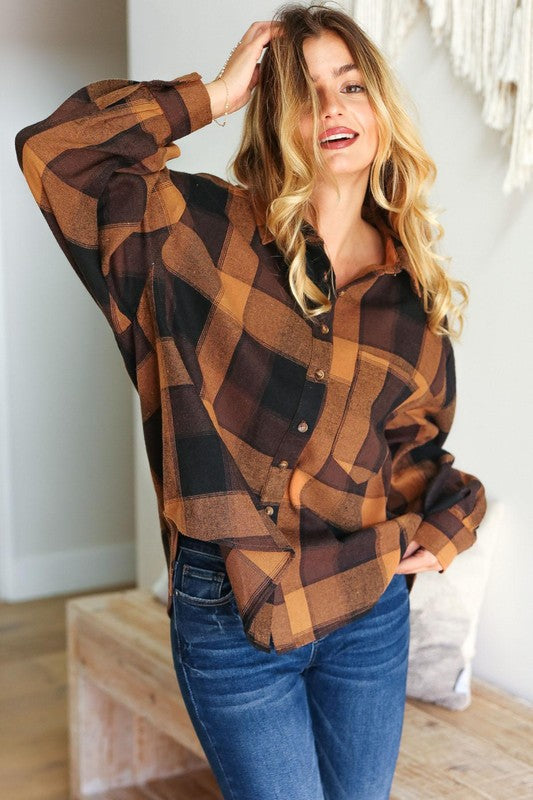 Rock'n Plaid Camel & Charcoal Button Down Oversized Shirt