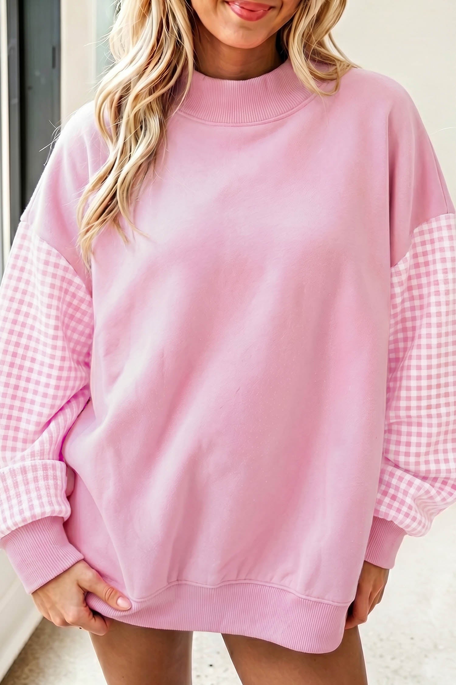 Evergreen Plaid Sleeve Colorblock Loose Tunic Sweatshirt