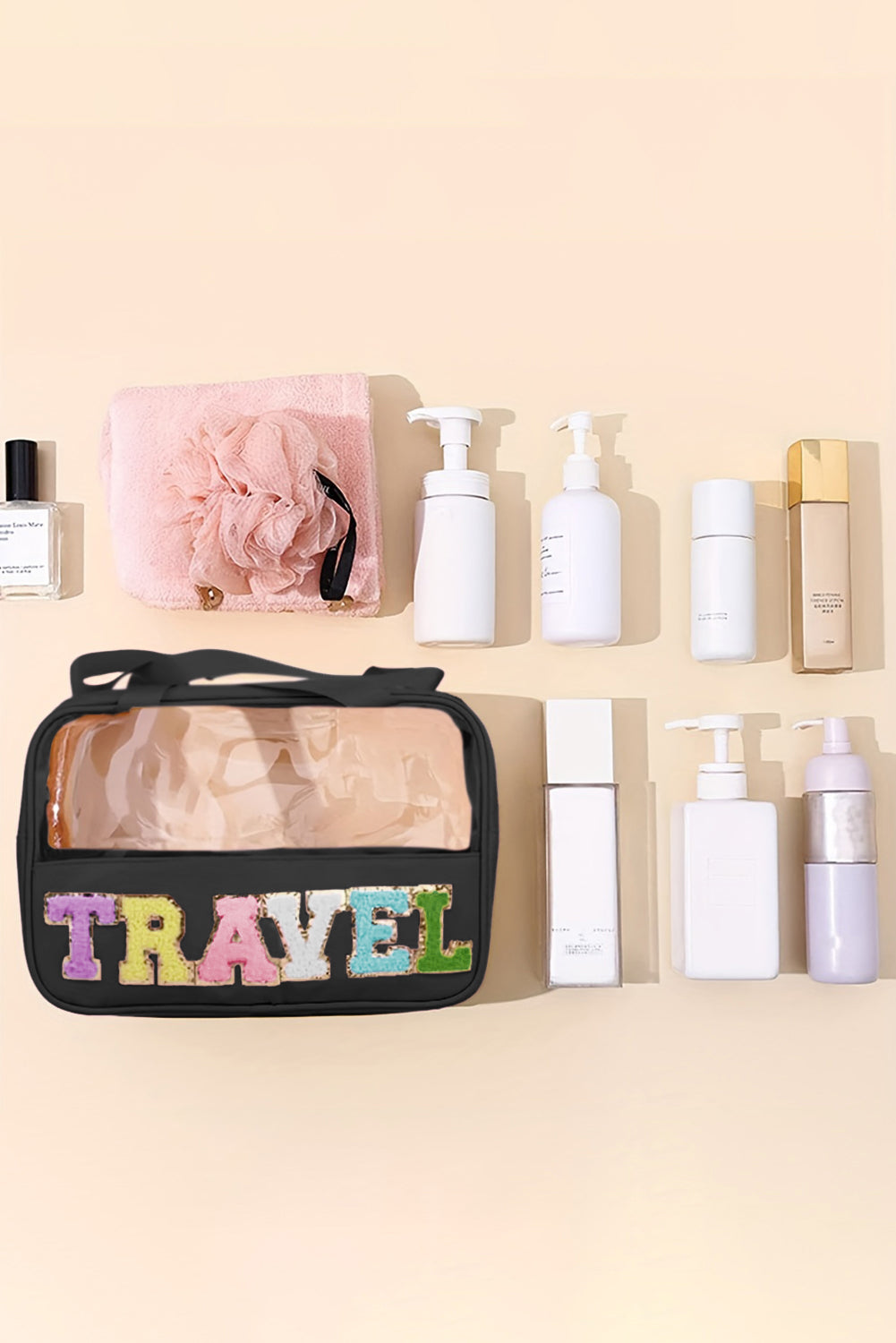 Light Pink TRAVEL Chenille Letter Clear PVC Makeup Bag