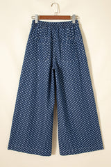 Sky Blue Polka Dot Print Button Pleated Detail Wide Leg Jeans