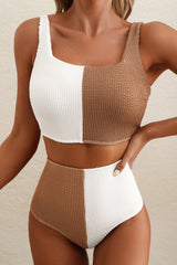 White Corded Colorblock Square Neck Bikini Swimsuit