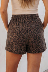 Brown Leopard Print Elastic Waistband Drawstring Denim Skort