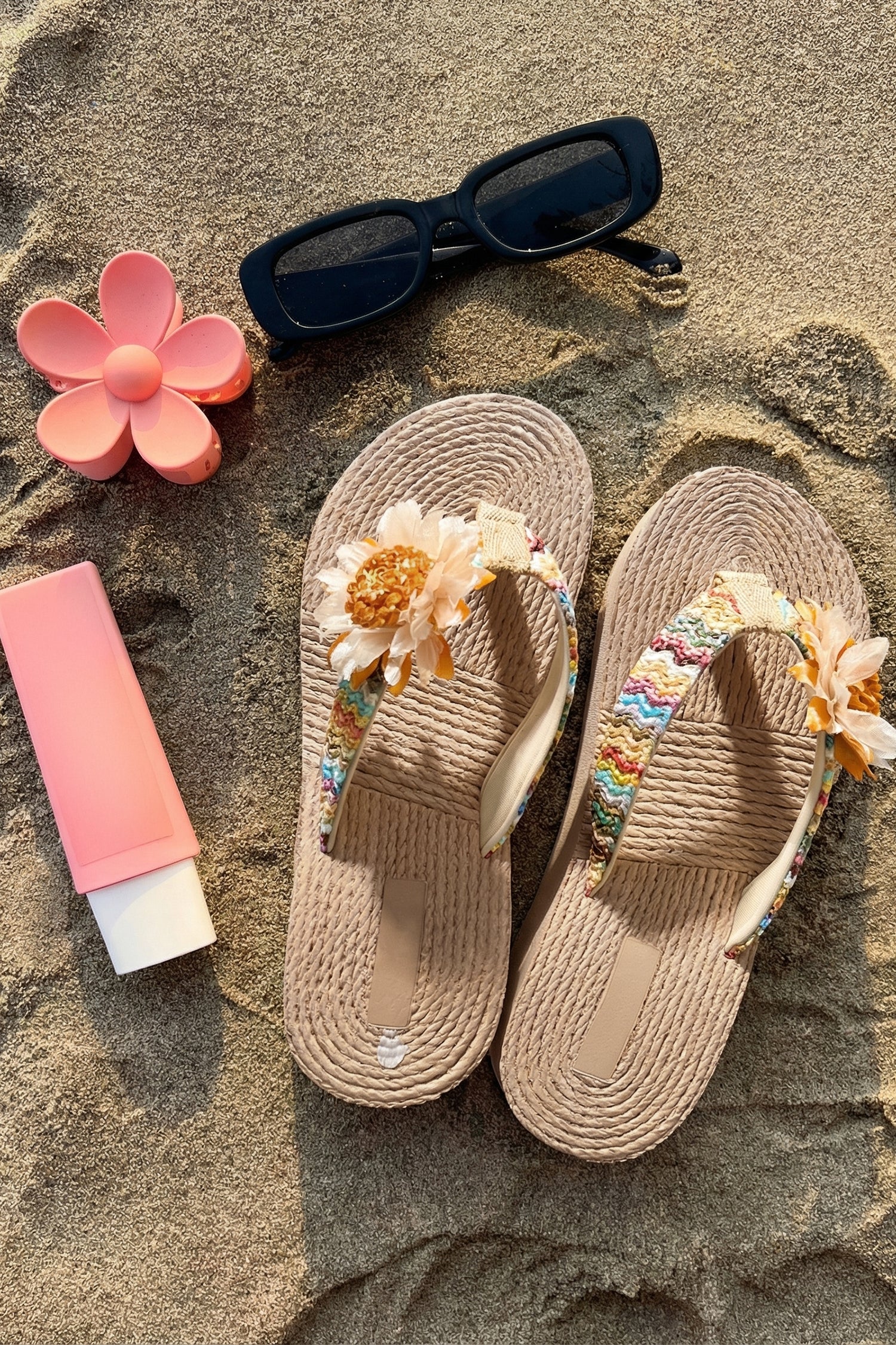 Parchment Vacation Floral Decor Straw Woven Textured Wedge Platform Slippers