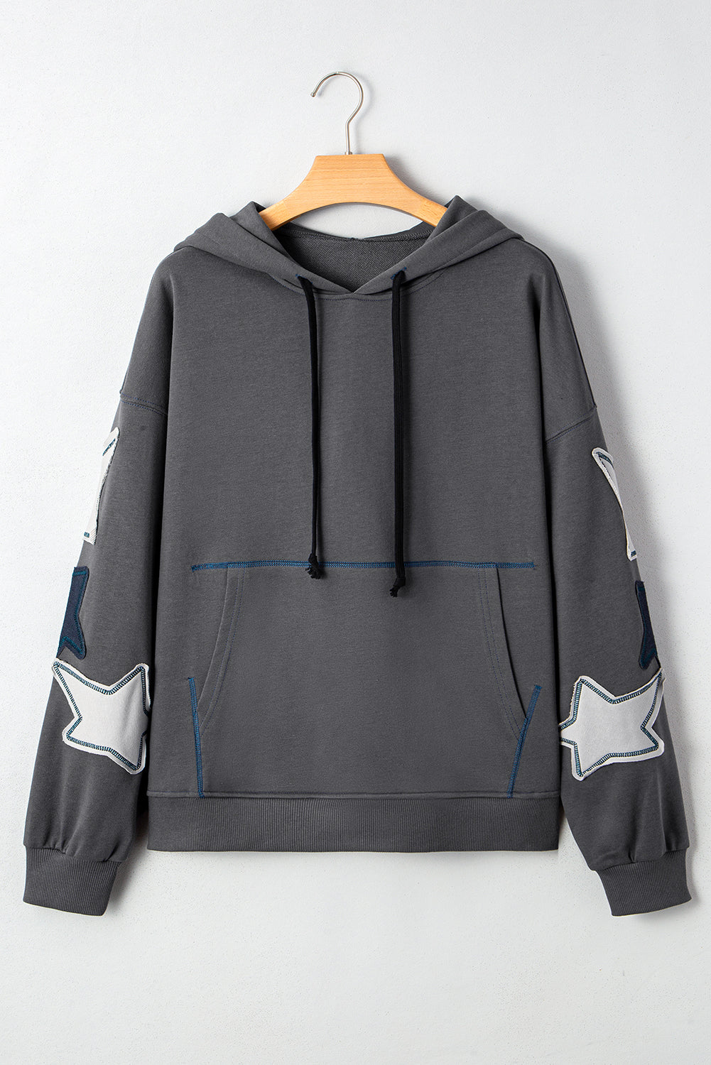 Carbon Grey Star Patched Kangaroo Pocket Vintage Hoodie