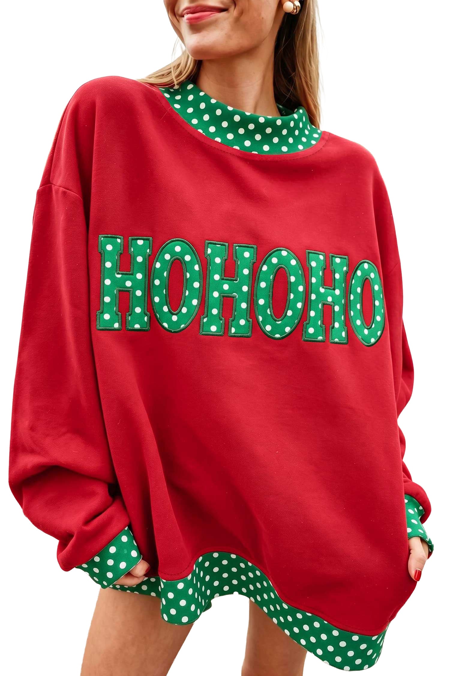 Sail Blue Polka Dot Letter Print Contrast Trim Mock Neck Sweatshirt