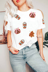 White Sequined Pumpkin Fall Graphic Casual Shift T Shirt
