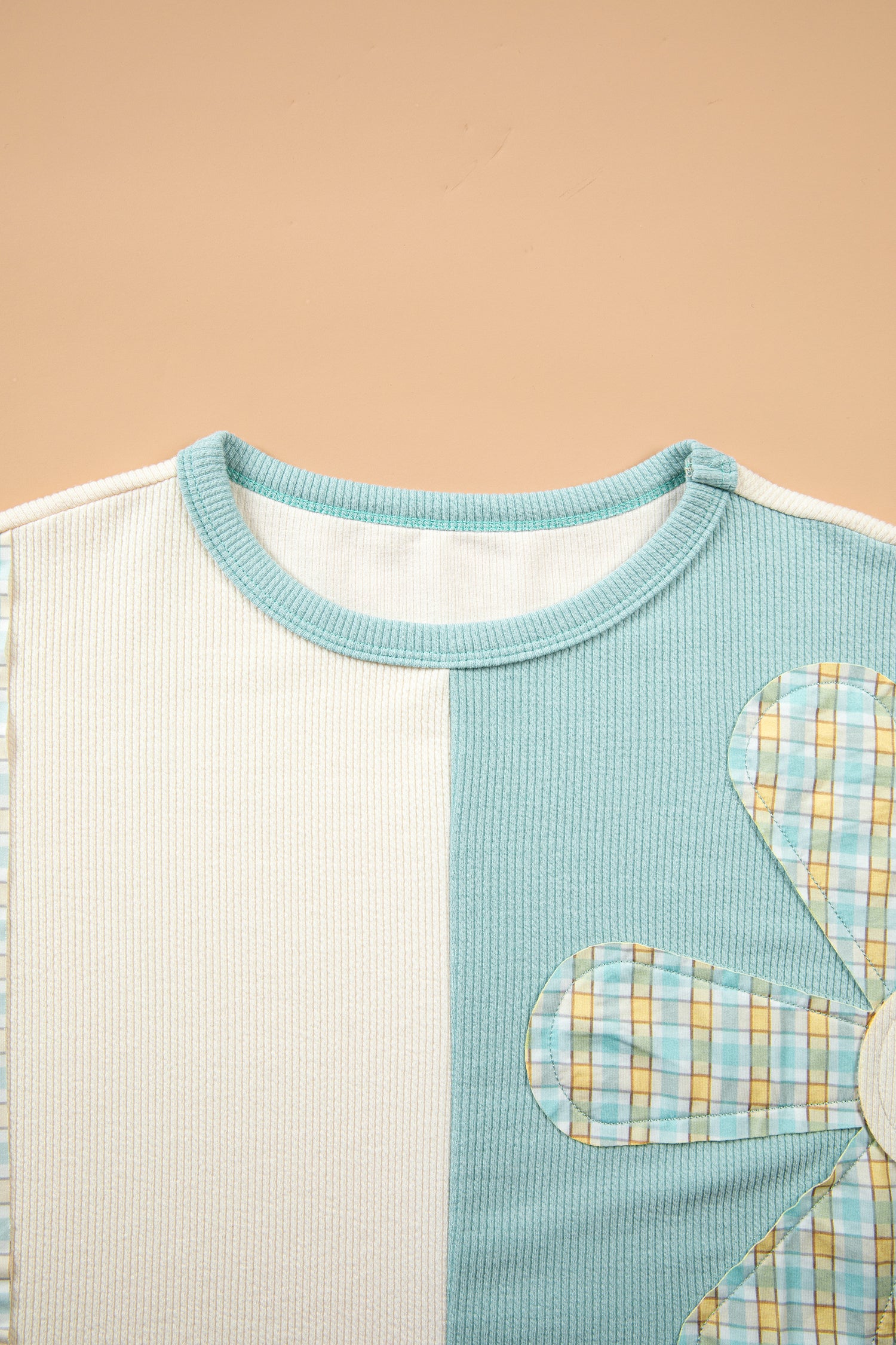 Light Blue Plaid Patchwork Round Neck Long Sleeve Top