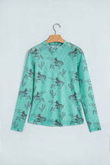 Aruba Blue Western Print High Neck Long Sleeve Sheath Mesh Top
