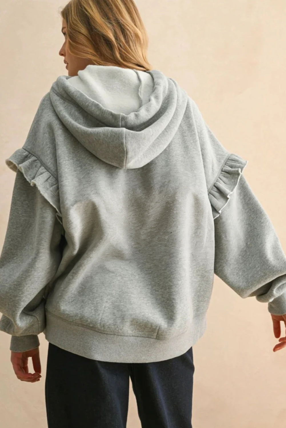 Gray Solid Ruffle Pocket Drawstring Long Sleeve Hoodie