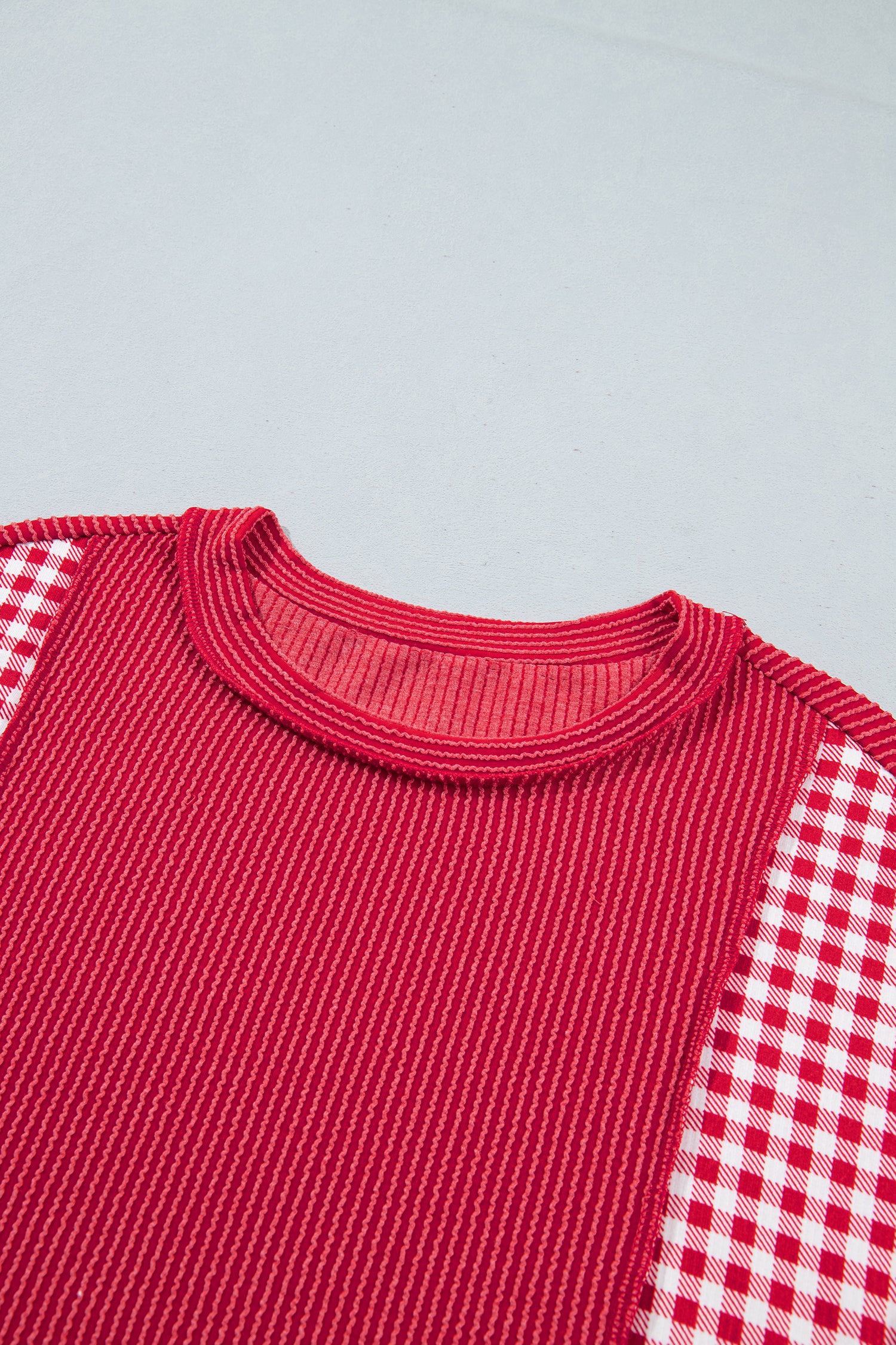 Fiery Red Patchwork Plaid Colorblock Twist Rib Round Neck Long Sleeve Top