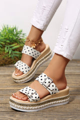 White Polka Dot Pattern Double Buckle Straps Hollow Out Platform Slippers