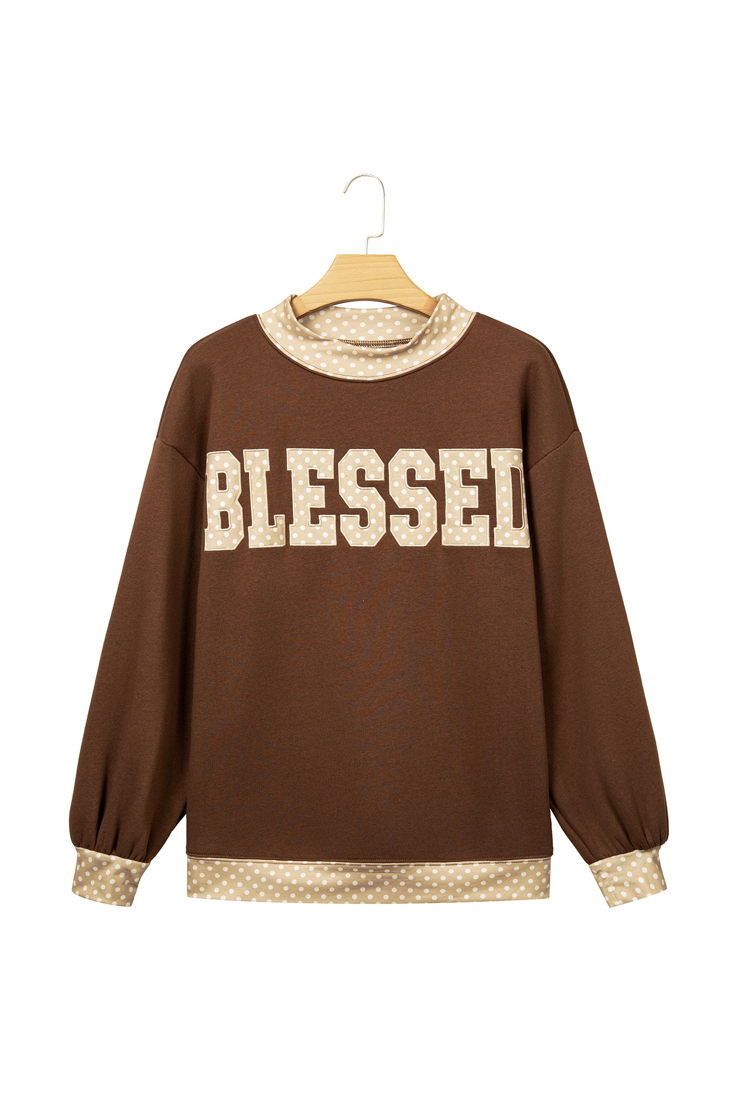 Coffee Polka Dot Trim High Neck BLESSED Letter Graphic Baggy Sweatshirt