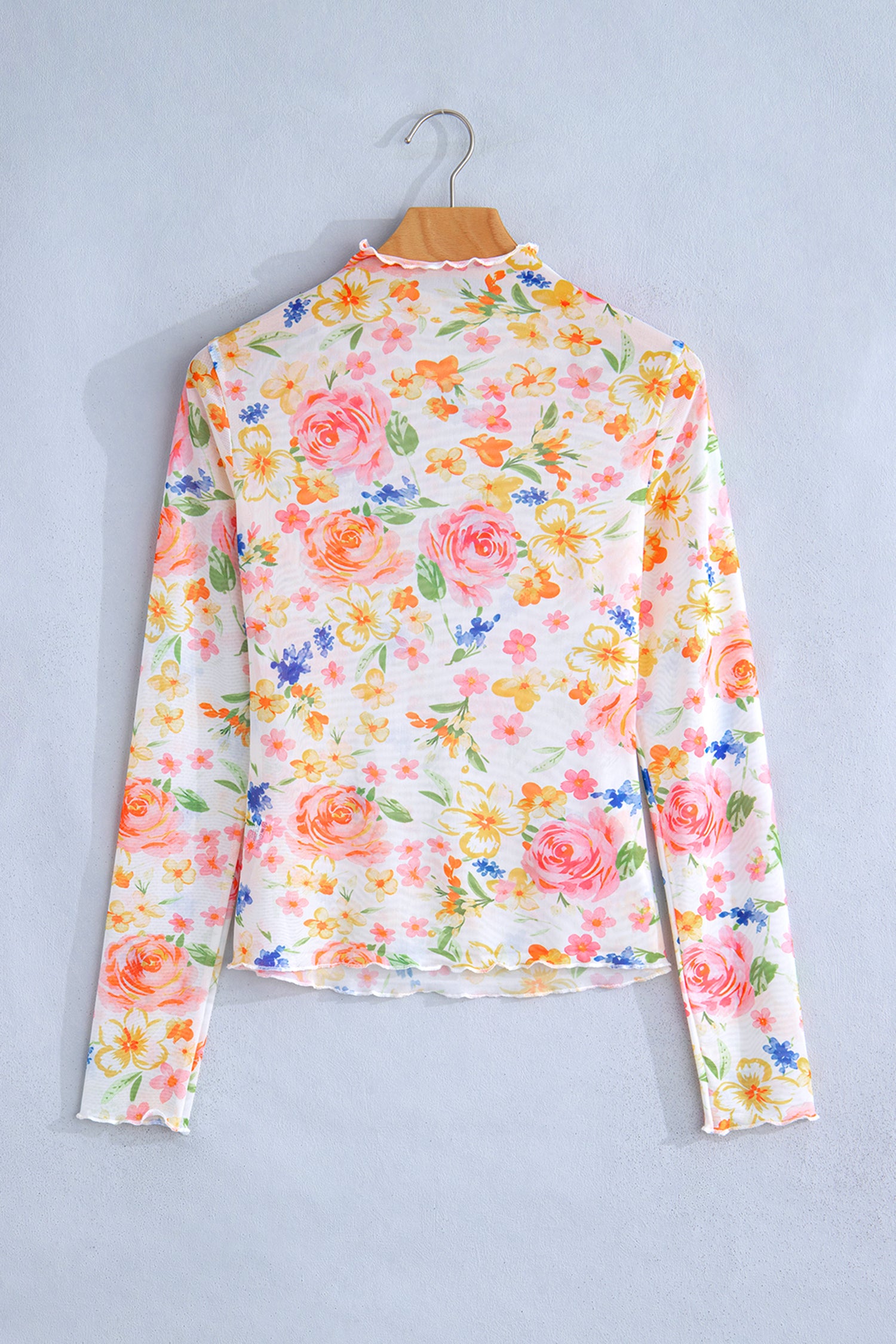 White Lettuce Trim Floral Print Sheer Mesh Long Sleeve Top