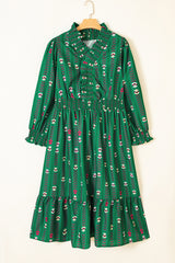Green Floral Print V Neck Long Sleeve Shift Plus Size Dress