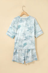 Green Casual Camouflage Short Sleeve Elastic Waist 2pcs Set