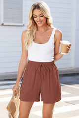 Chestnut Lace Splicing Drawstring Elastic Waist Loose Linen Shorts