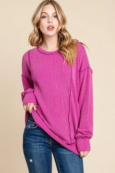 Fuchsia Solid Crewneck Ribbed Top