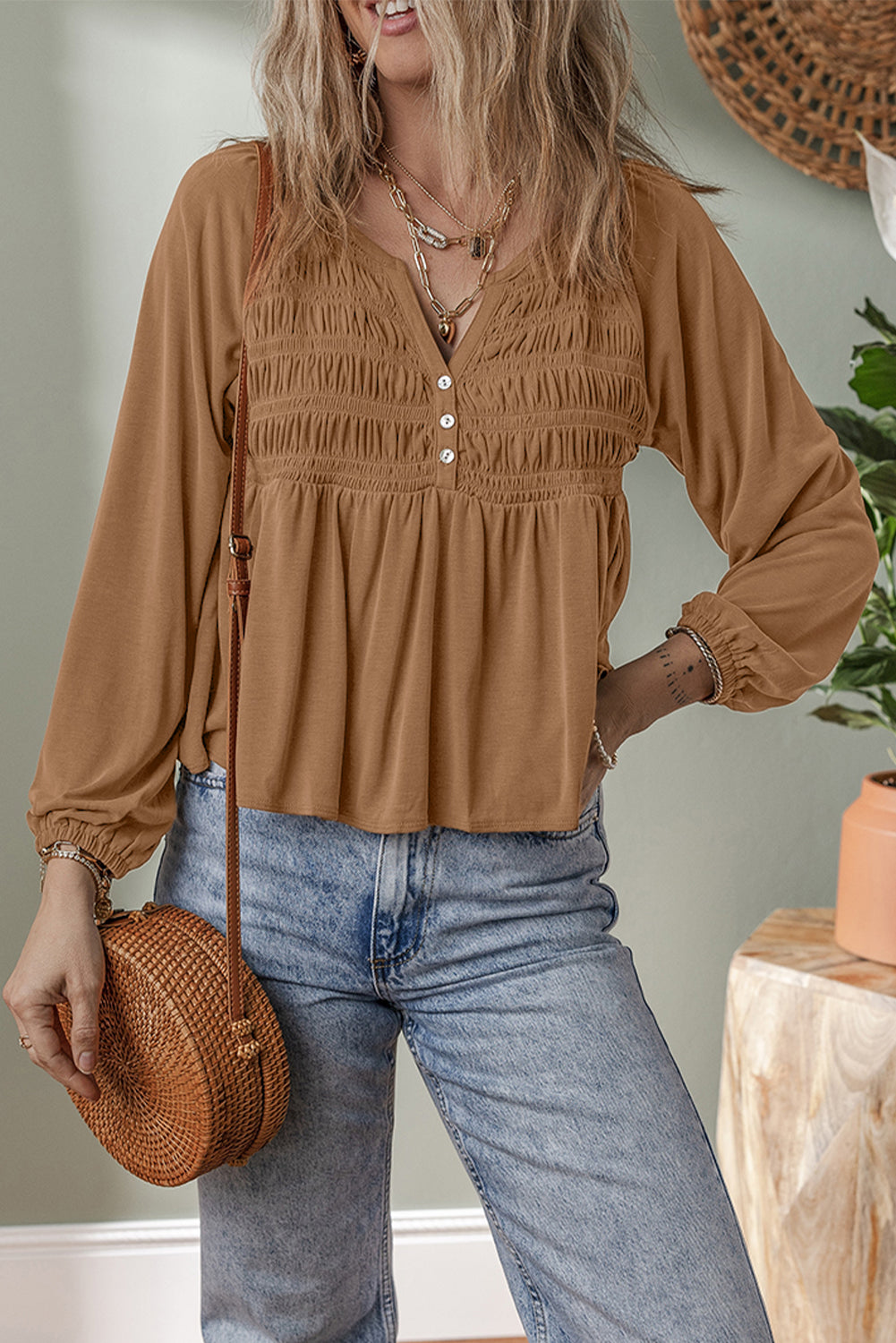 Black Smocked Bust Buttoned Split V Neck Flowy Blouse