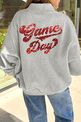 Light Grey Football Patch Sequin Game Day Lettering Mock Neck Tunic Sweatshirt