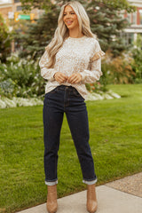 Khaki Leopard Ruffle Detail Ribbed Trim Round Neck Sweatshirt