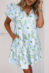 Sky Blue Floral Contrast Edge Ruffle Sleeve Tie Neck Mini Dress