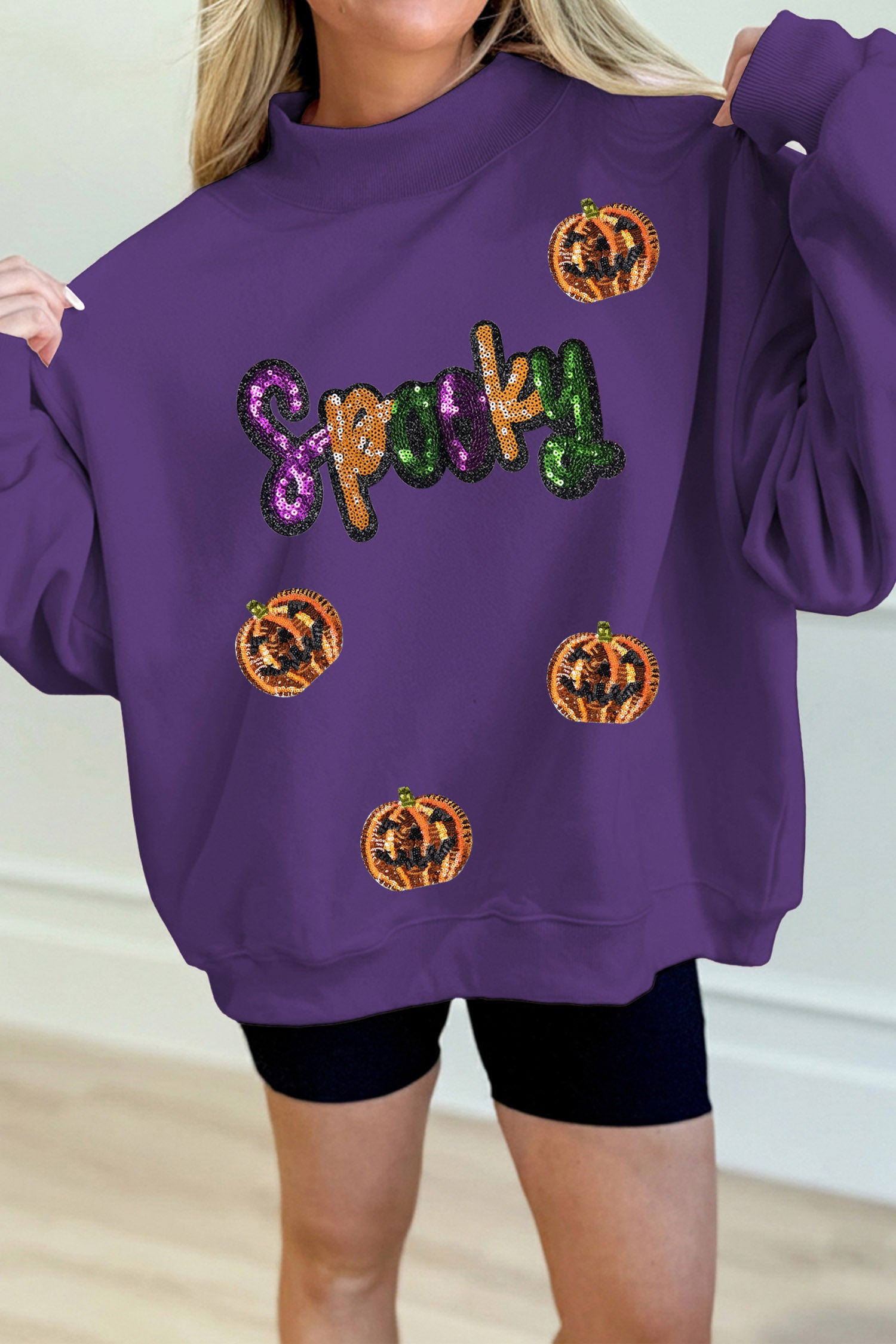 Tillandsia Purple Sequin Pumpkin Spooky Graphic Halloween Pullover Sweatshirt