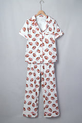 White Rugby Print Short Sleeve Button Down Top Loose Pants Game Day Pajama Set
