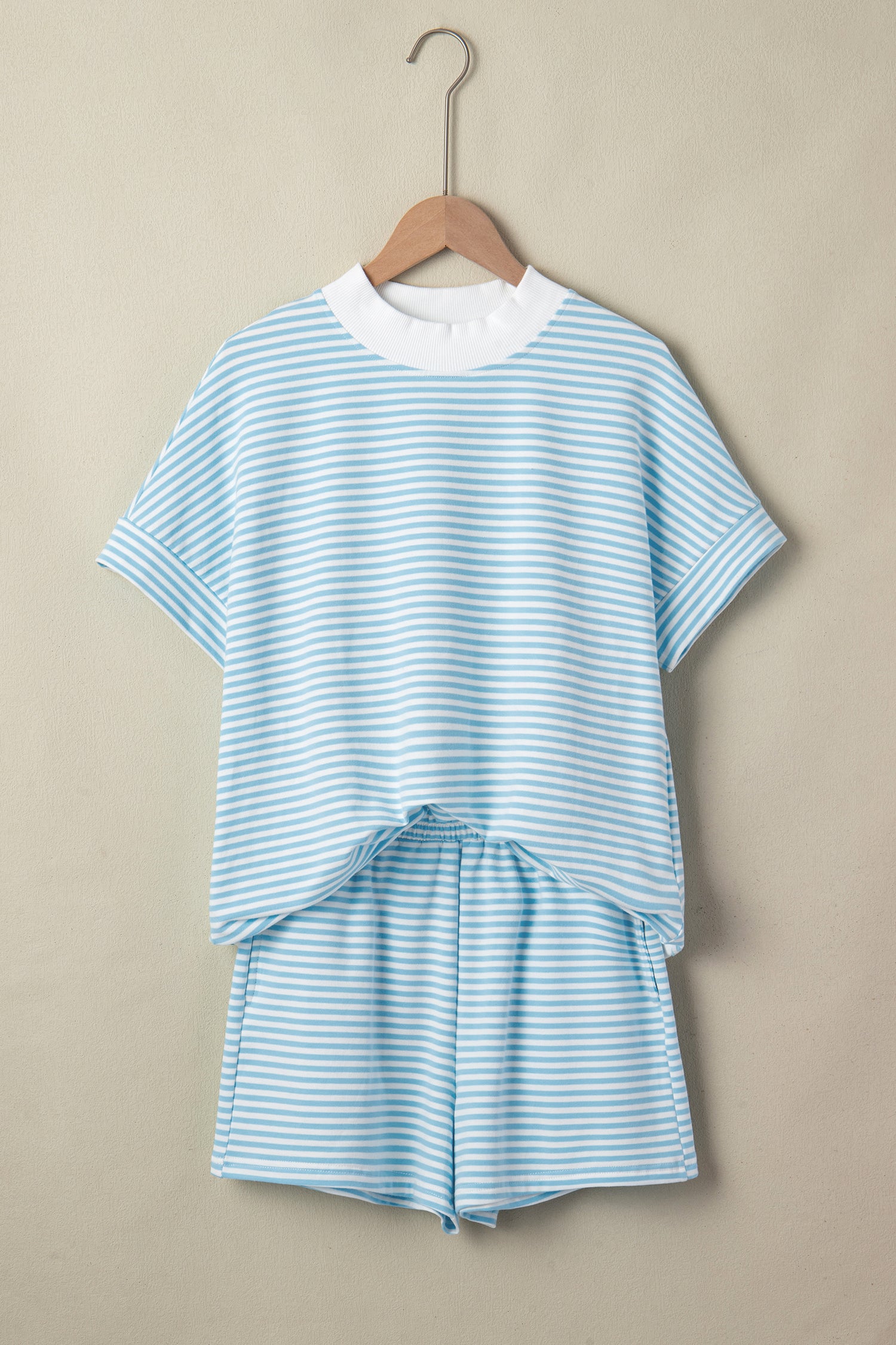 Pink Stripe Cuffed Sleeve Contrast Mock Neck Tee Casual 2pcs Short Set