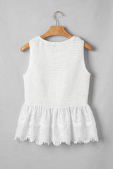 White Sleeveless Smocked Lace Peplum Top