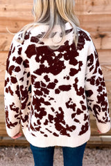 Brown Western Print Cow Pattern Long Sleeve Round Neck Pullover Knitwear Sweater