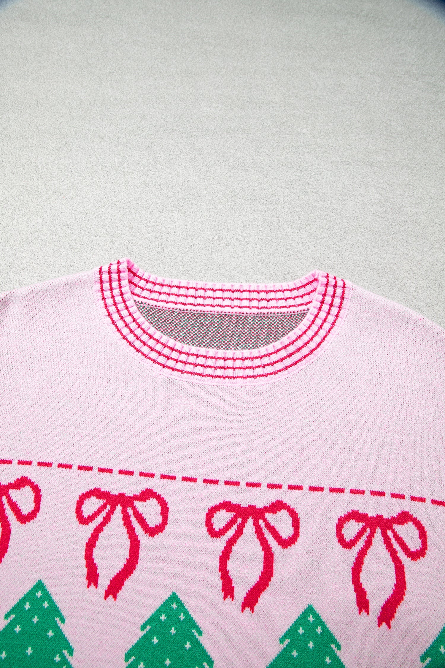 Pink Festive Holiday Print Round Neck Loose Tunic Sweater