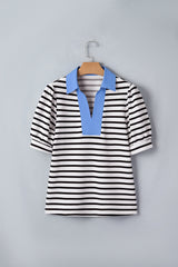 Black Stripe Short Puff Sleeve Color Block Polo Collar Blouse