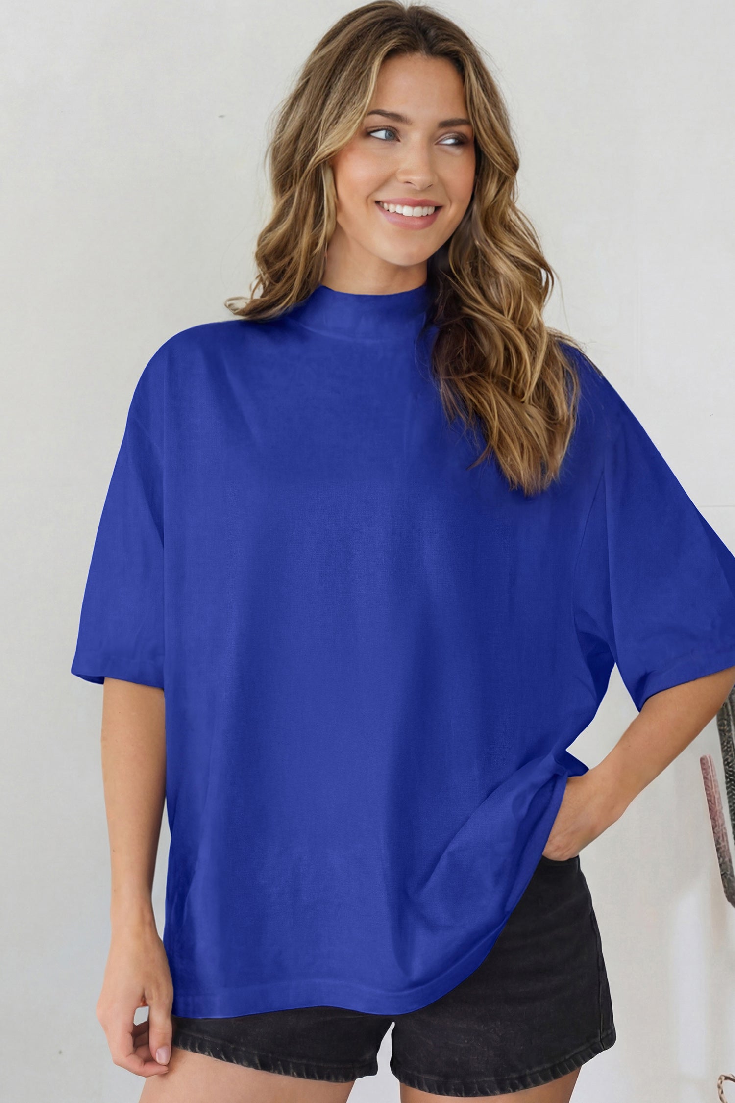 Dark Blue Solid Color High Neck Oversize Tee