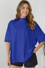 Dark Blue Solid Color High Neck Oversize Tee