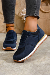 Navy Blue Faux Suede Mixed Patchwork Retro Jogger Sneakers